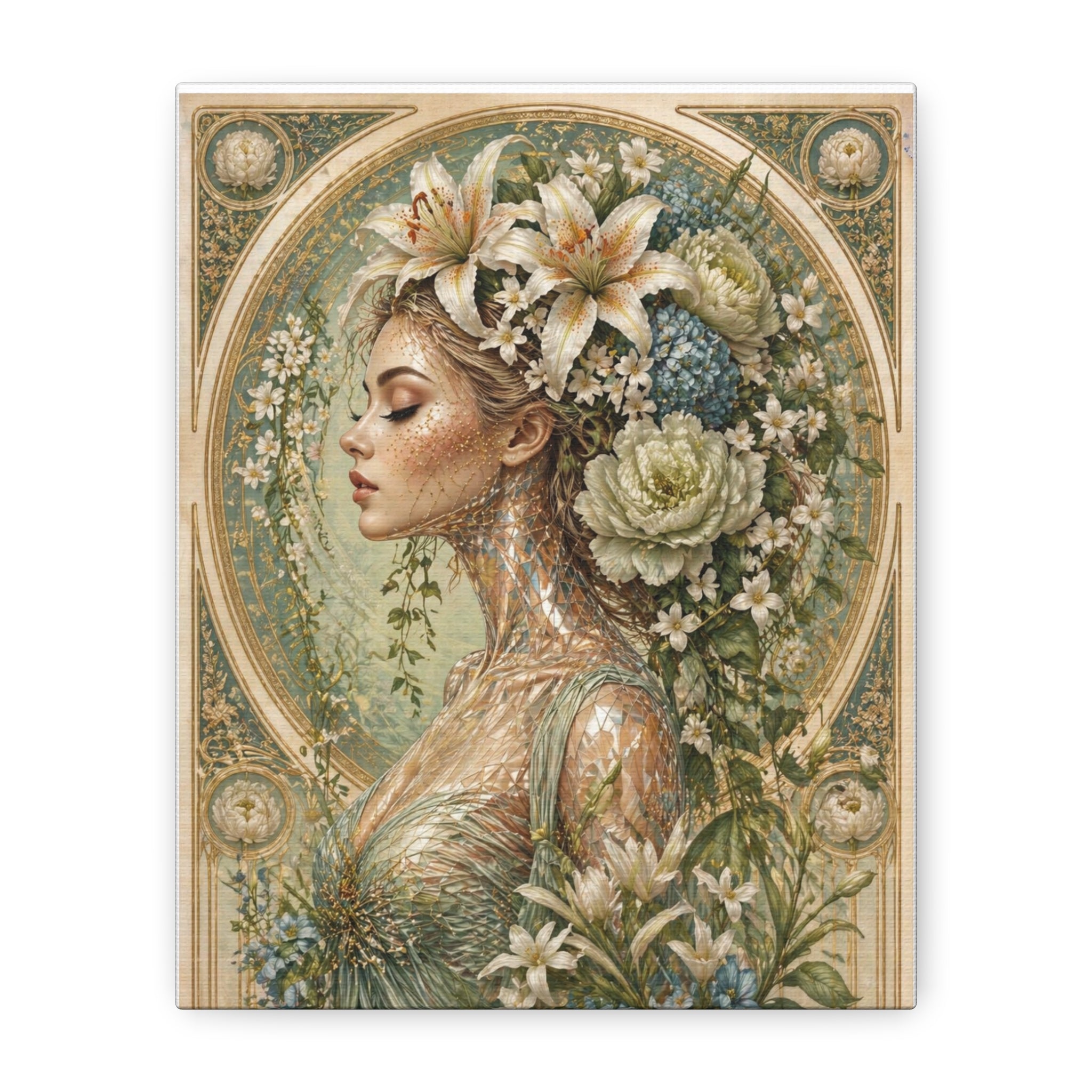 Lily of Tarot Gardens - Floral Muse Matte Stretched Canvas Art — Vintage Botanical Woman Wall Decor