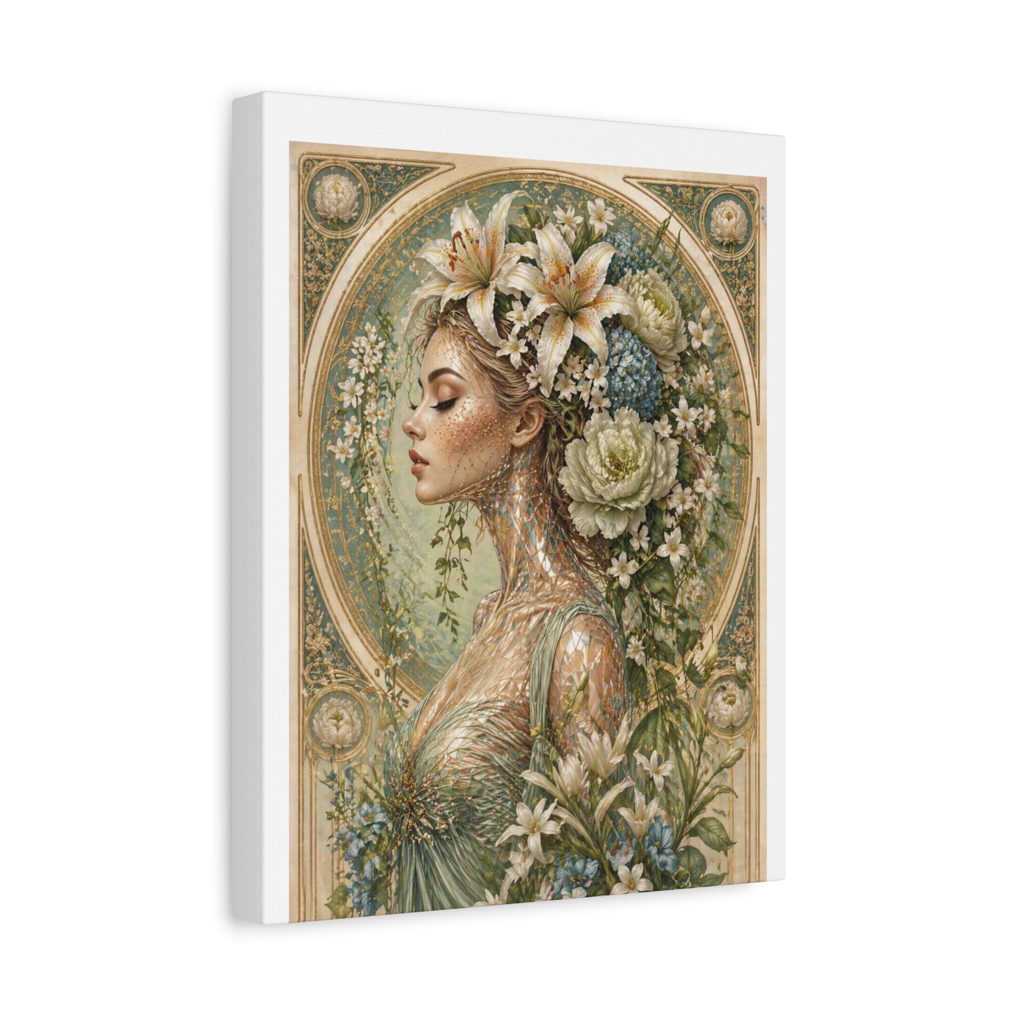 Lily of Tarot Gardens - Floral Muse Matte Stretched Canvas Art — Vintage Botanical Woman Wall Decor
