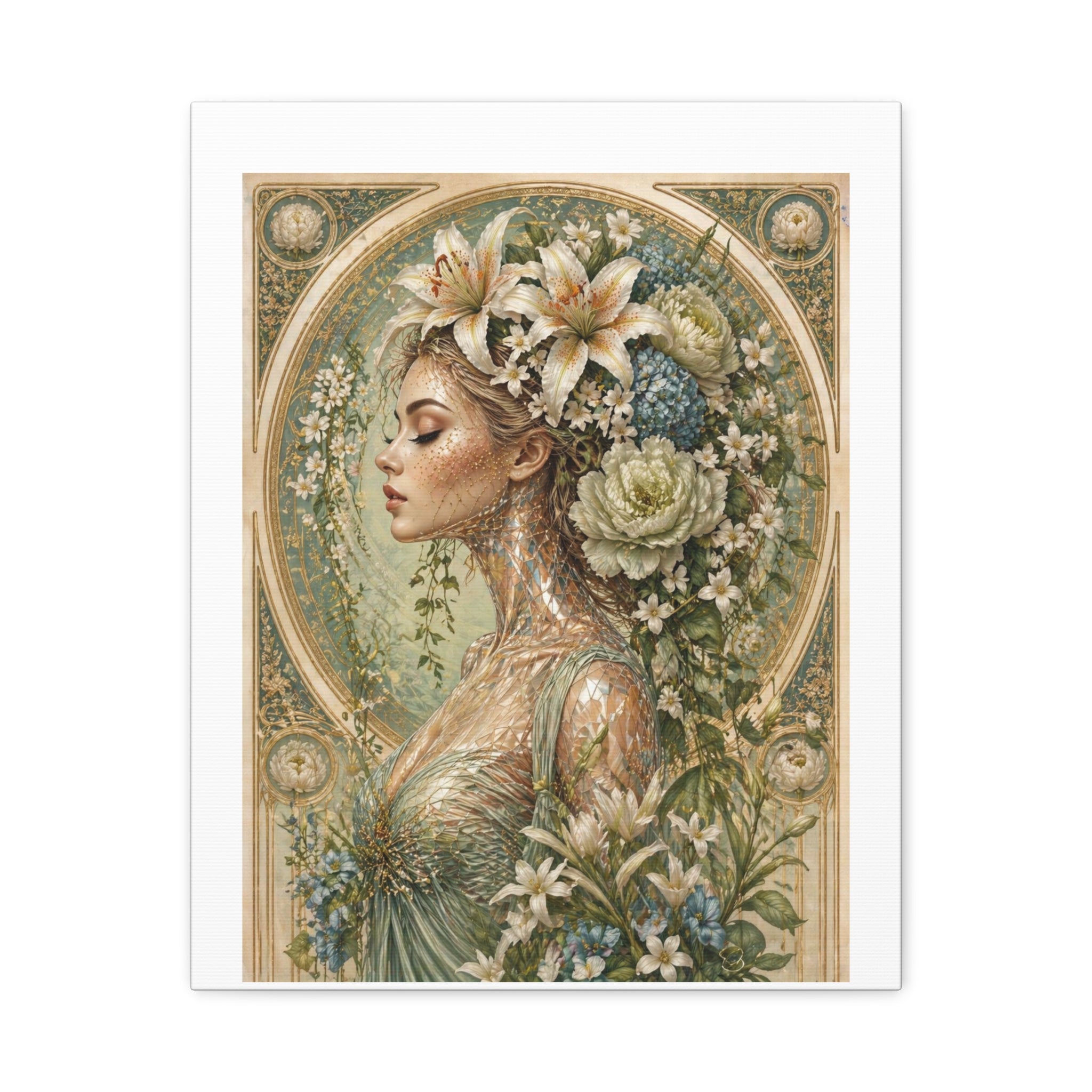 Lily of Tarot Gardens - Floral Muse Matte Stretched Canvas Art — Vintage Botanical Woman Wall Decor