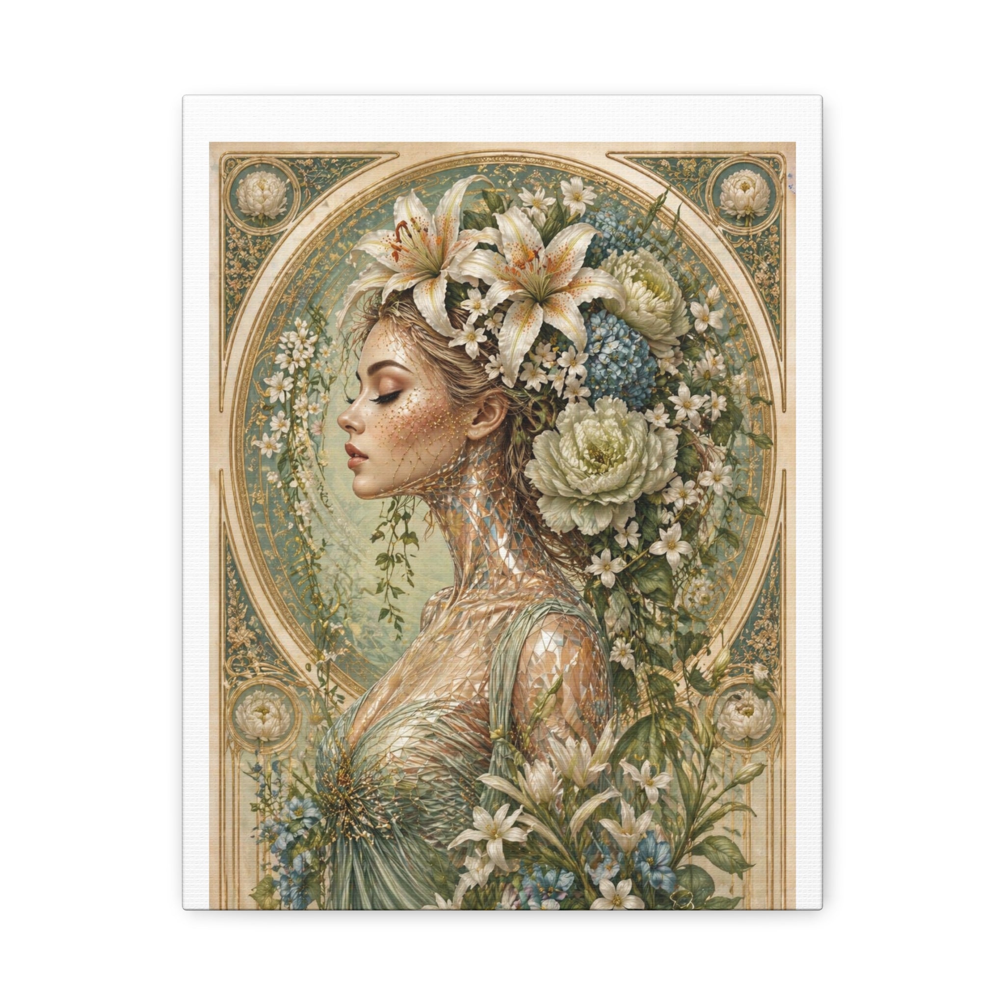Lily of Tarot Gardens - Floral Muse Matte Stretched Canvas Art — Vintage Botanical Woman Wall Decor
