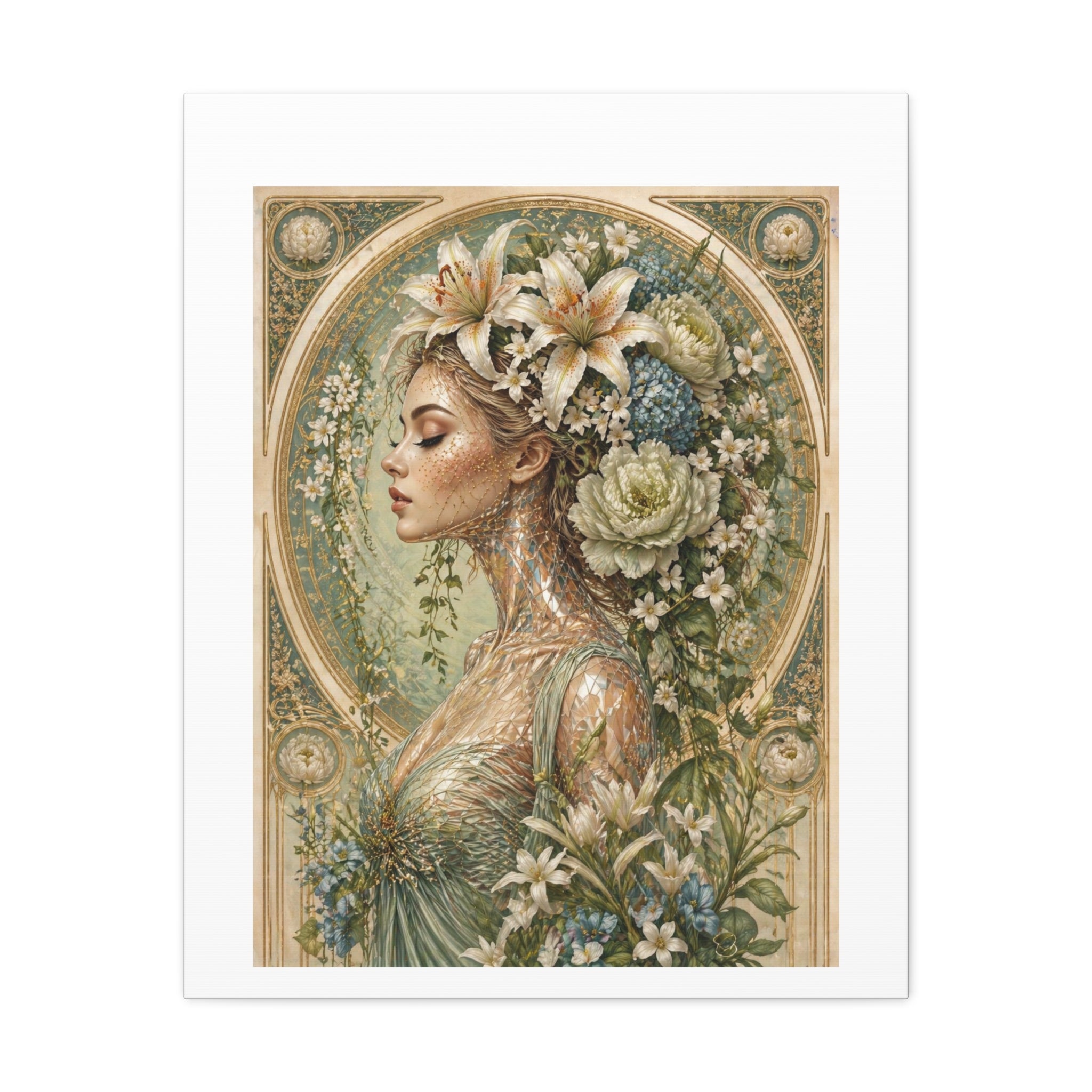 Lily of Tarot Gardens - Floral Muse Matte Stretched Canvas Art — Vintage Botanical Woman Wall Decor